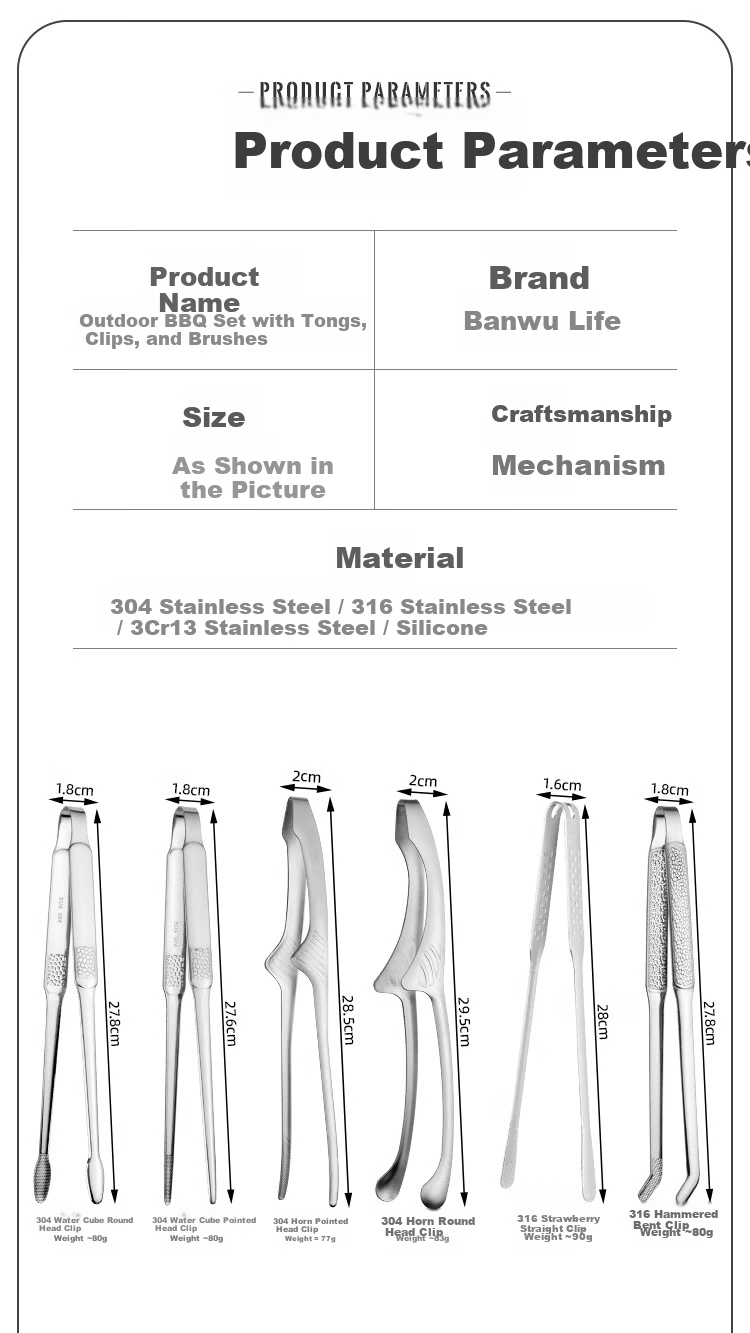 Banwu Life 304 Stainless Steel Food Tongs Kitchen Steak Tongs BBQ Tongs Korean Barbecue Tongs Vegetable Tongs Frying Tongs 2