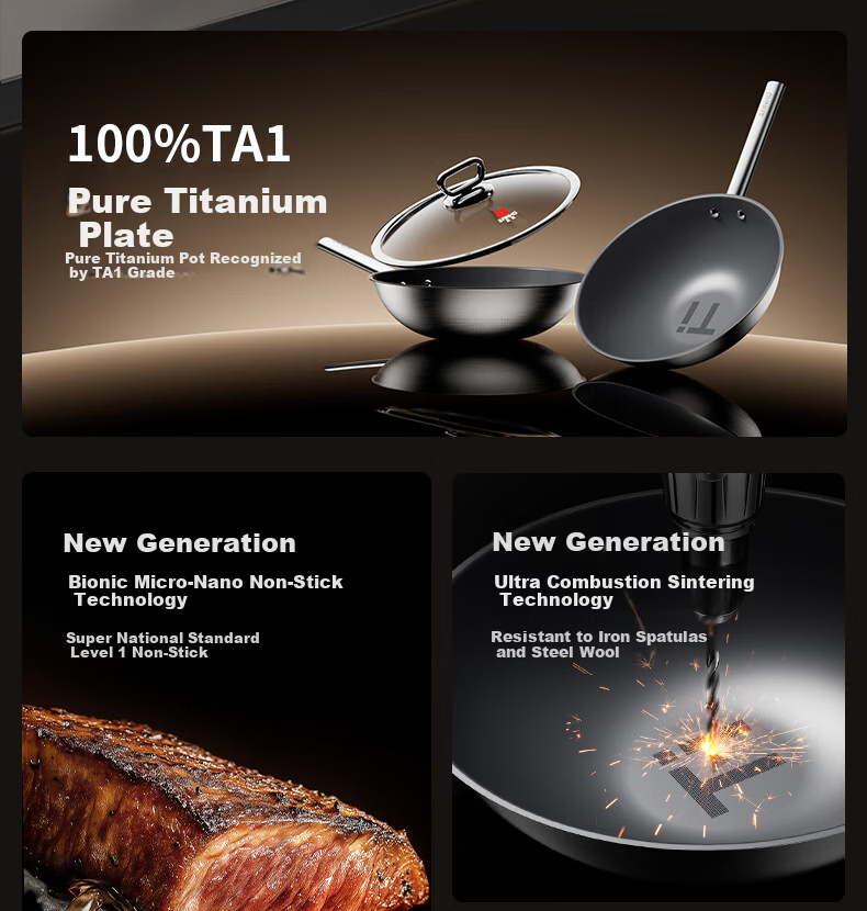 Sanhe 0-Coating Ultra-Fire Pure Titanium Frying Pan 28cm with Lid Non-Slip Base for 2-3 People Offline Model GC28F3 + Cling Film 4