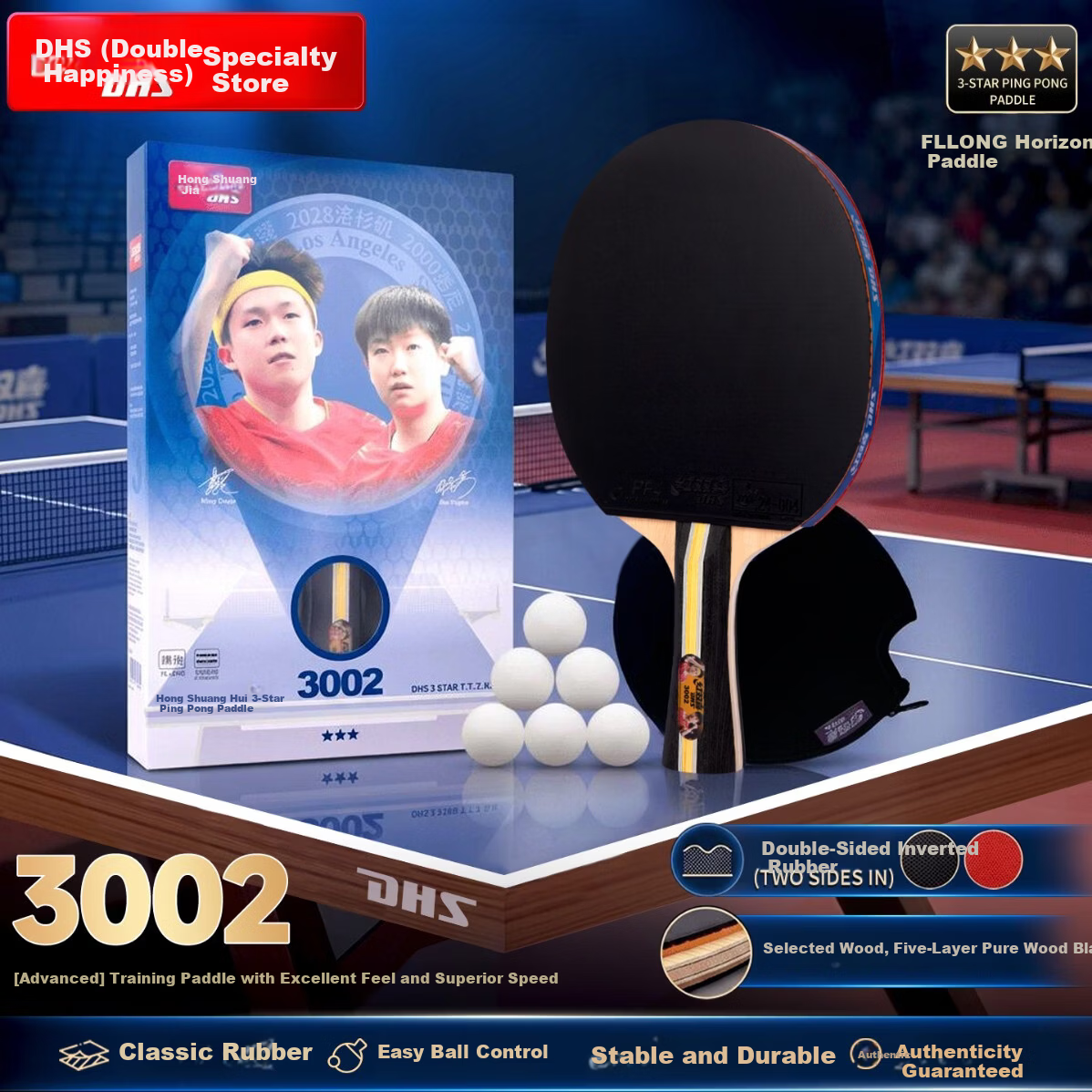DHS Three-Star Table Tennis Racket for Training And Competition, Penhold Grip F3002 Double-Sided Reverse Rubber with Ping Pong Ball Included