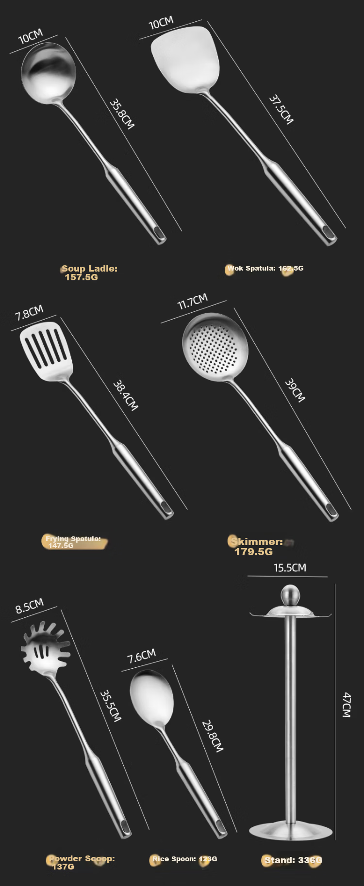 Jinwanfu Thickened Long Handle Solid Stainless Steel Serving Stir Fry Ladle 6
