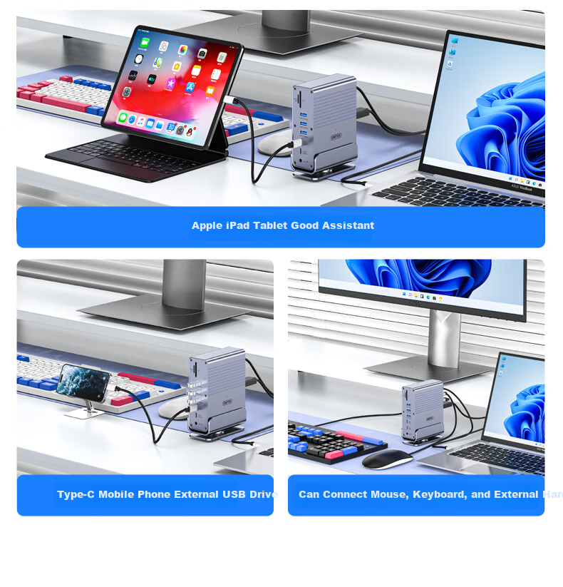 Superior Desktop Docking Station Type-C to Dual HDMI/DP Quad Display 4K60Hz High-Definition Expansion Card Reader Gigabit Ethernet Multi-Function Vertical Dock Compatible with Mac 19