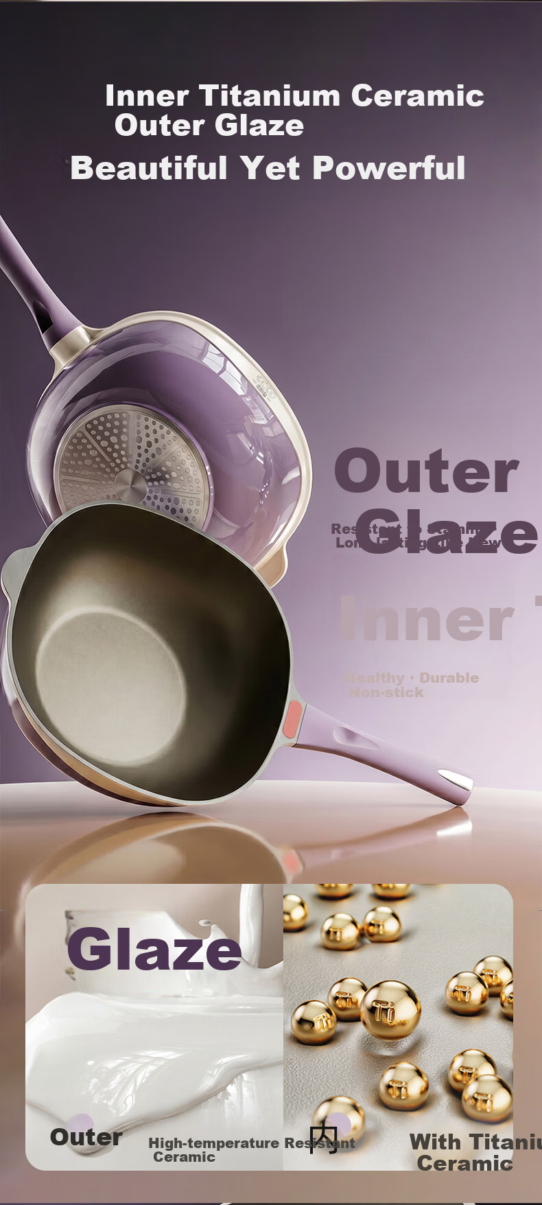 Oluode Titanium Non-Stick Frying Pan with Fluorine-Free Coating, Oil-Repellent, Compatible with Gas and Induction Cooktops, Household Wok 3