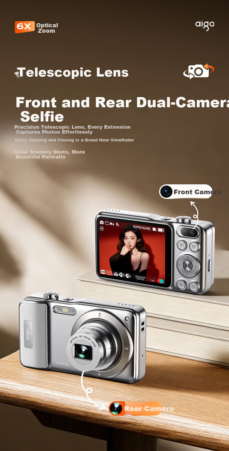 Aigo T600 Optical Zoom Retractable Lens Dual Camera Selfie Student Digital Camera Gift for Girls, Entry-Level Mirrorless Vlog Campus Alternative CCD, Silver White Color, 32GB 6