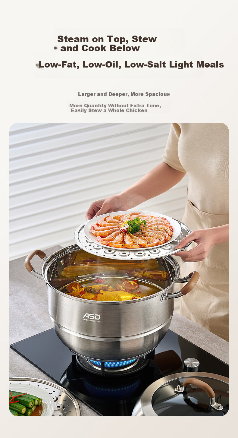ASD Steamer Pot, Whole Pot 304 Stainless Steel Double-Layer Household Steaming And Cooking Pot, 28CM Multi-Layer Enlarged Non-Stick Steamer Q2 10