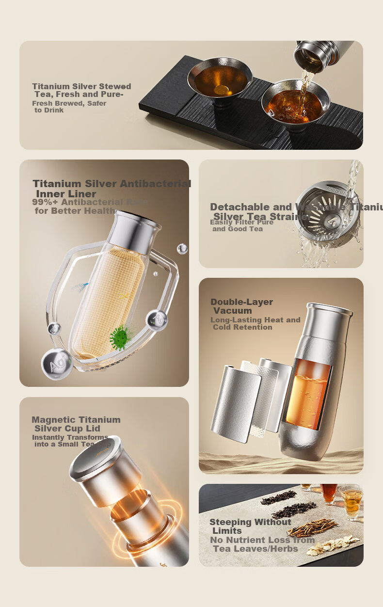 JOINXIN Zhuangxin Guiyun Pure Titanium Silver Stewing and Soaking Cup High-end Insulated Tea Stewing Cup Outdoor Gift Elegant Gray 400ml 5