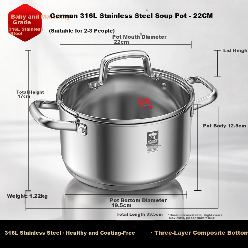 KOBACH German-Style Soup Pot, 316L Thickened Stainless Steel, Multifunctional Frying Pan, Steaming And Stewing Pot, Large Capacity, Compatible with Induction Cooker And Gas Stove