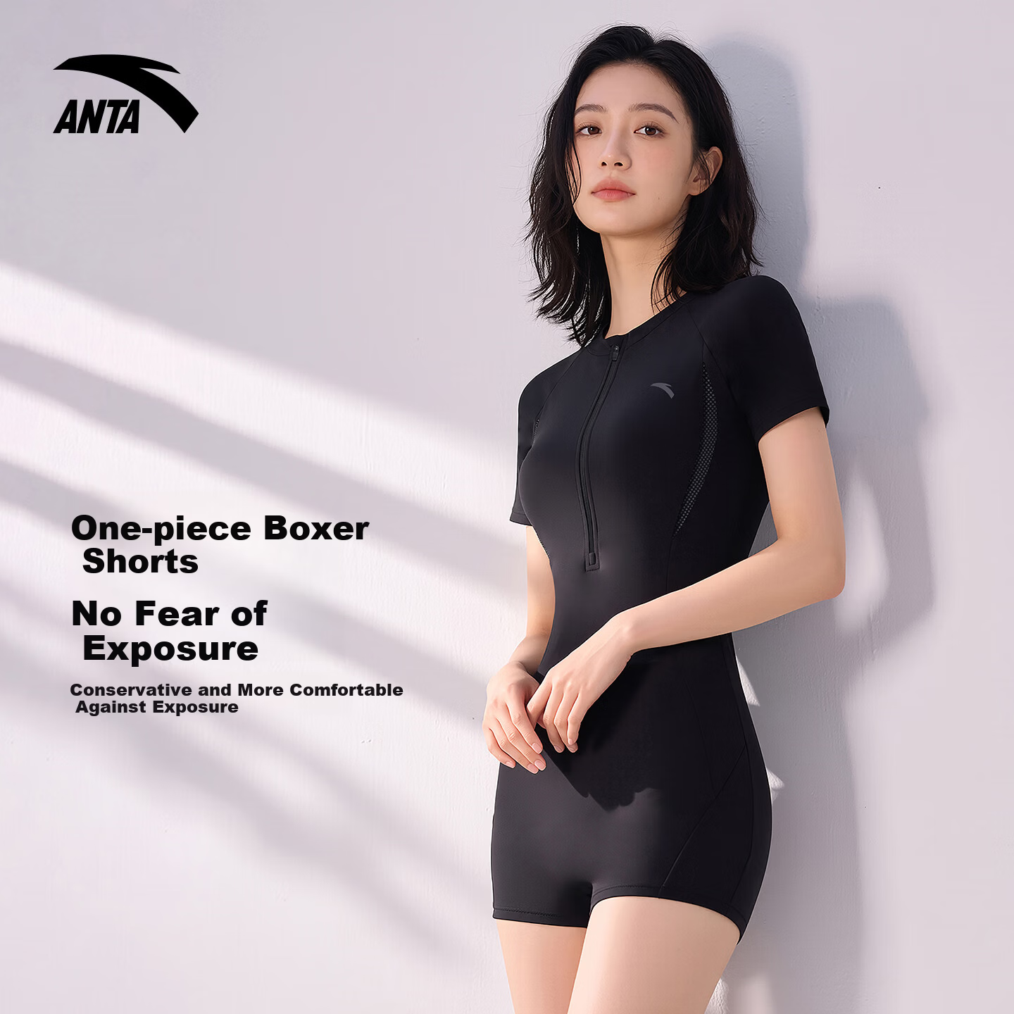 ANTA Women's One-Piece Square Leg Swimsuit Professional Racing Conservative Slimming Black M