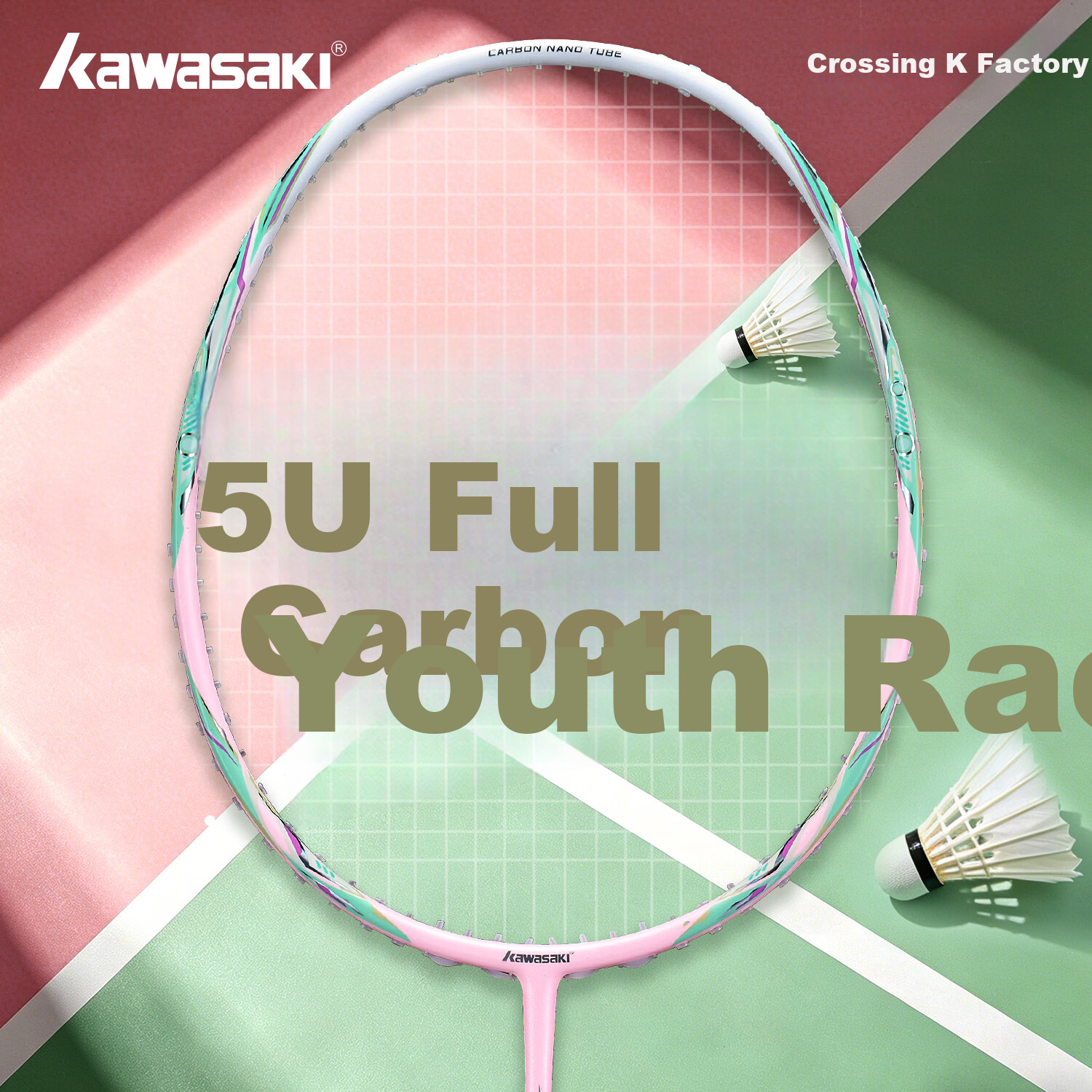 KAWASAKI Badminton Racket, Cross Kids Youth Full Carbon Single Racket, 5U Beginner Training Racket, Soft Pink (Strung)