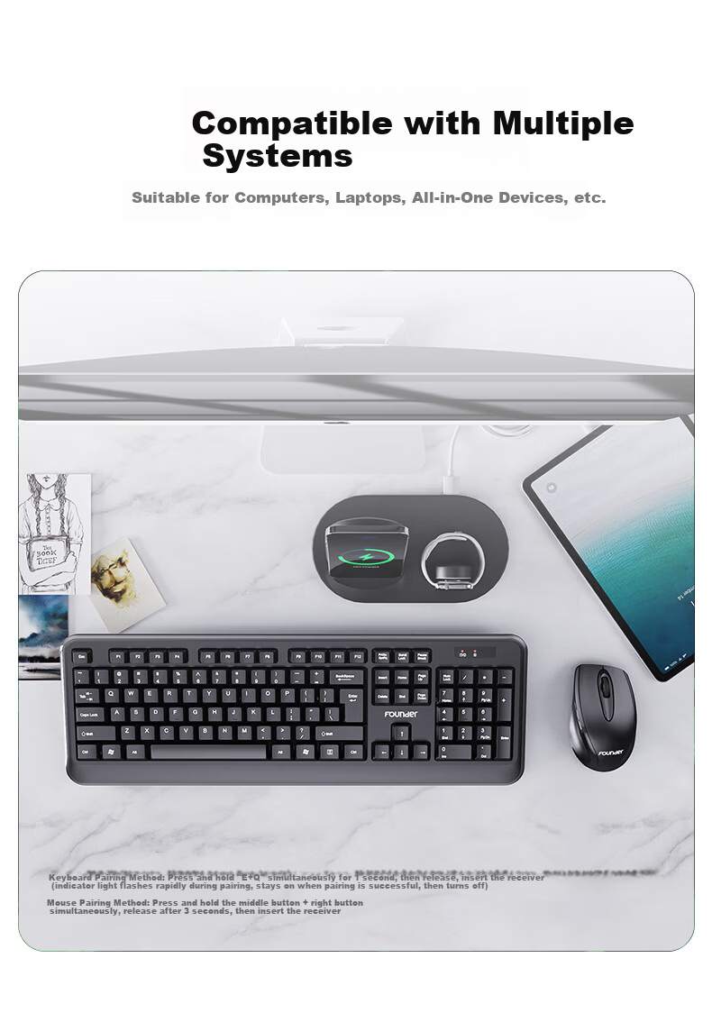 Founder W6202 Classic Black Ultra-thin Waterdrop Keycaps Wireless Keyboard and Mouse Set Lightweight Silent Office Business Keyboard and Mouse for Laptop and Desktop 6