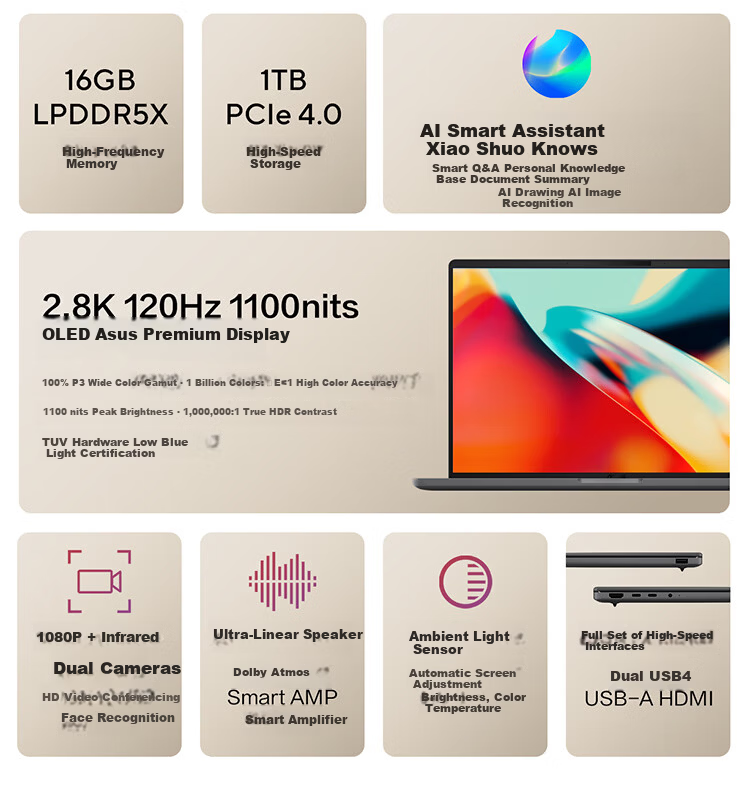 ASUS Lingyao 14 Air Snapdragon X2 Elite 2.8K 120Hz 1100nits OLED 16GB 1TB 980g AI Ultra-thin Laptop 3