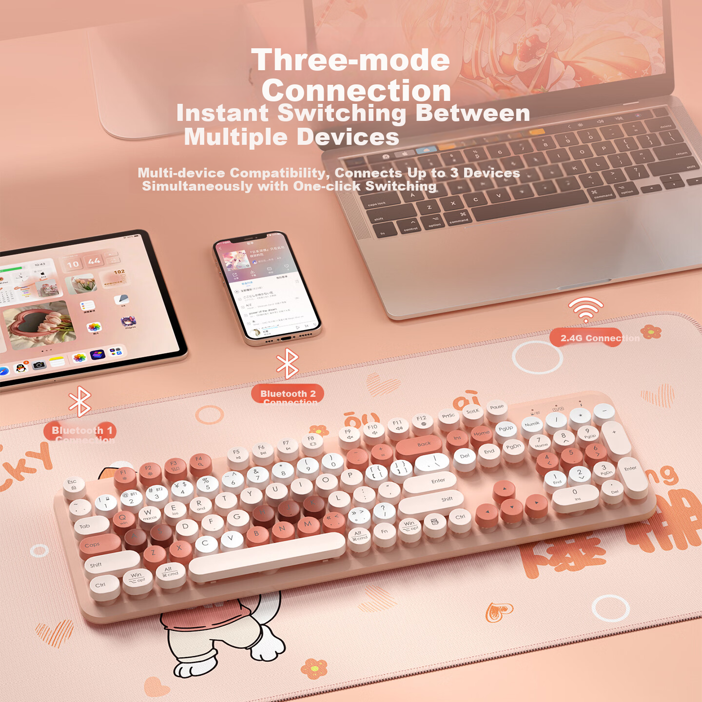 B.O.W Hangshi V96 Wireless Bluetooth Dual-Mode Keyboard Quiet High-Value Ergonomic Design Unisex Office Home Tablet Laptop Mobile Universal Spring River Pink