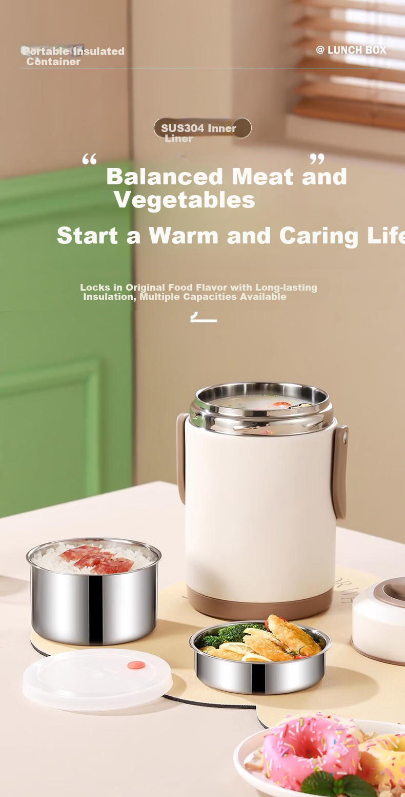 Licheers Insulated Lunch Box, Stainless Steel Thermos, Three-Layer Large Capacity, Extra Long Insulated Food Container, for Office Workers, Soup Insulation Box 1
