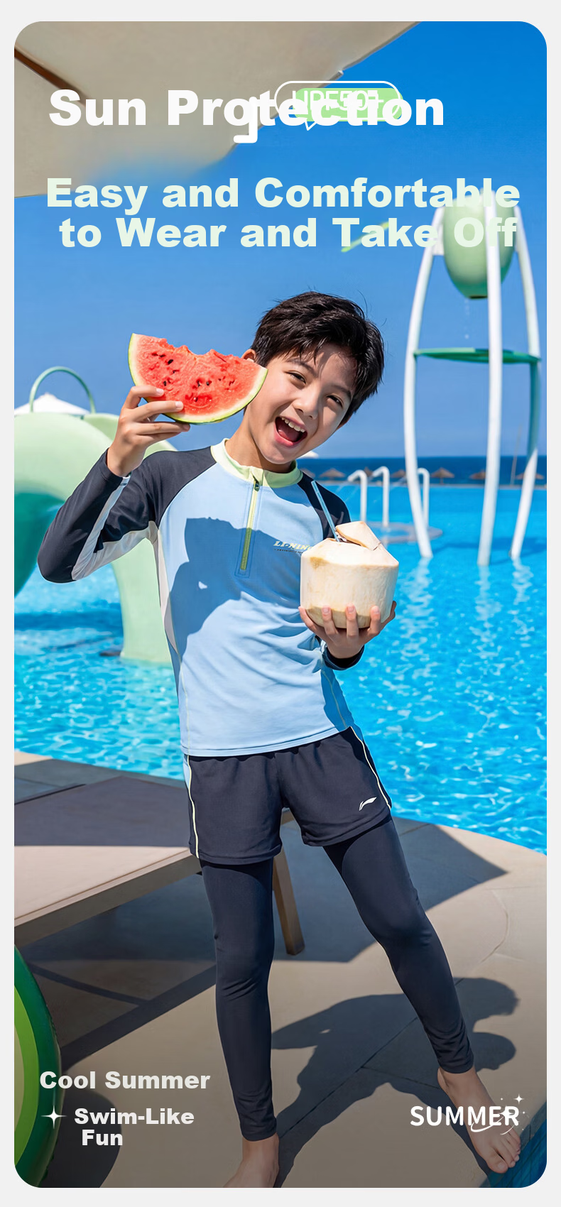 LI-NING Kids Two-Piece Long Sleeve Rash Guard and Pants Swimwear Sun Protection Boys Surfing Suit 8511 Blue Size 160 2