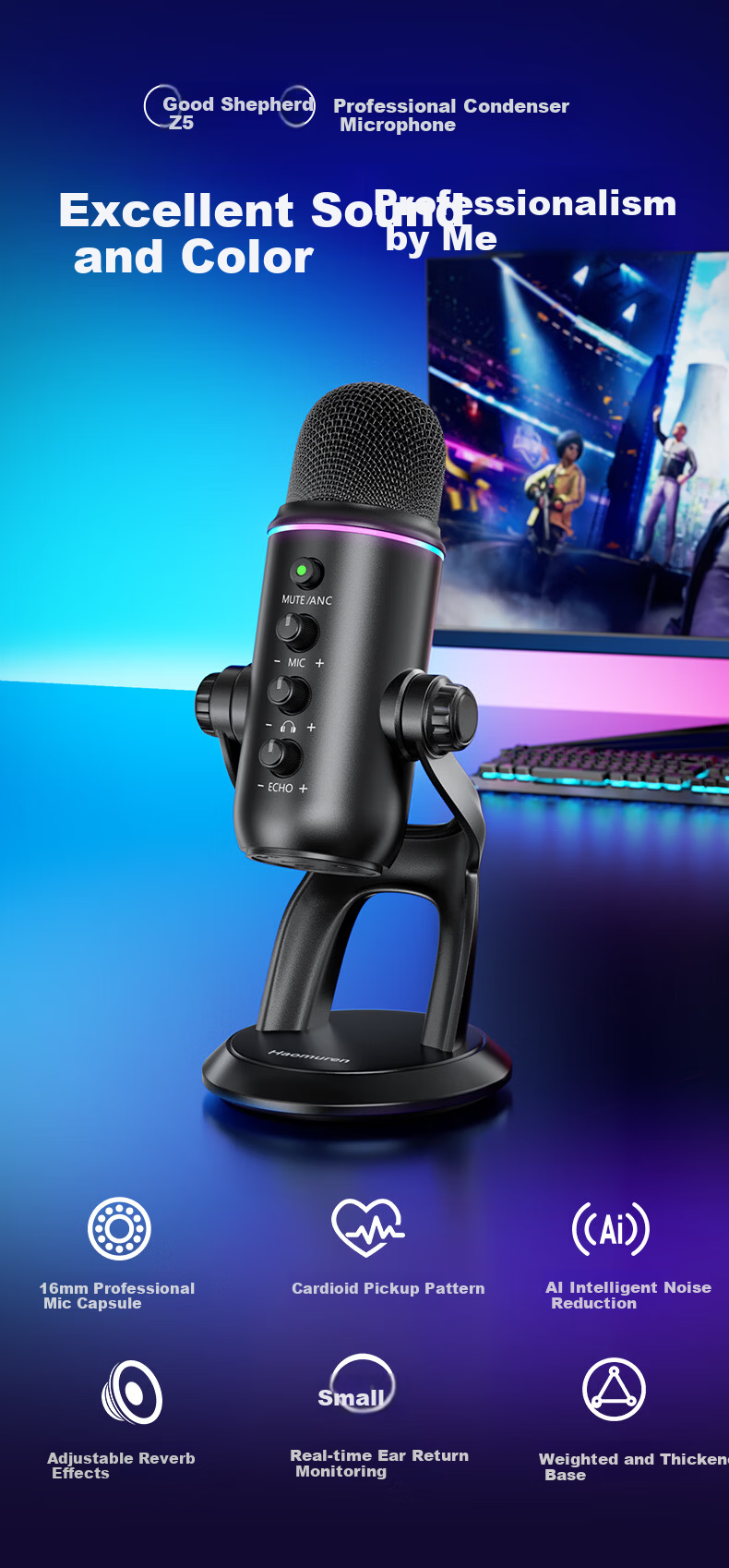 Good Shepherd USB Desktop Microphone Gaming Live Streaming Condenser Microphone for PC Mobile Karaoke Voiceover Noise-Canceling Recording Mic 1