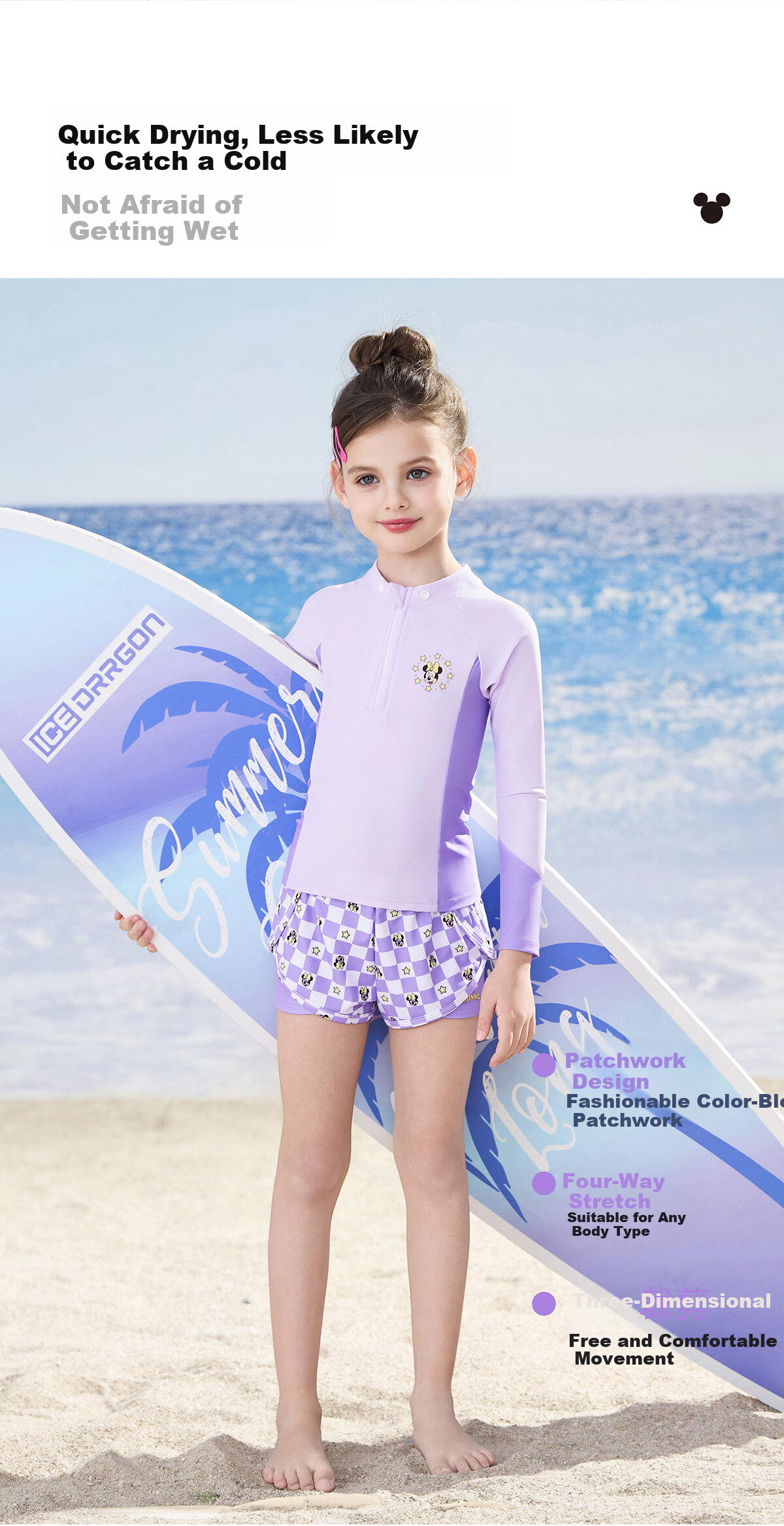 Disney Kids Swimwear Set Boys Girls Long Sleeve Shorts UV Protection Beach Vacation Purple Size 100 7