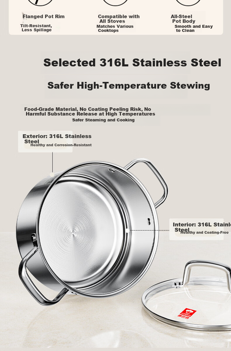 KOBACH German-Style Soup Pot, 316L Thickened Stainless Steel, Multifunctional Frying Pan, Steaming And Stewing Pot, Large Capacity, Compatible with Induction Cooker And Gas Stove 3