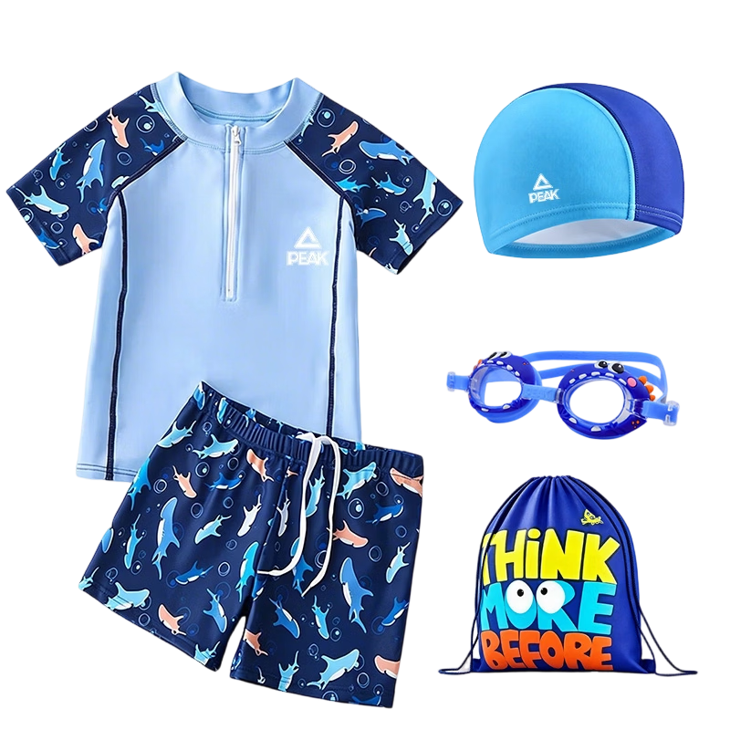 PEAK Children's Swimwear, Boys' Professional Short-Sleeve Two-Piece Training Swimsuit And Swim Trunks, Chlorine-Resistant Hot Spring Mirror Hat And Bag Set, Size 170