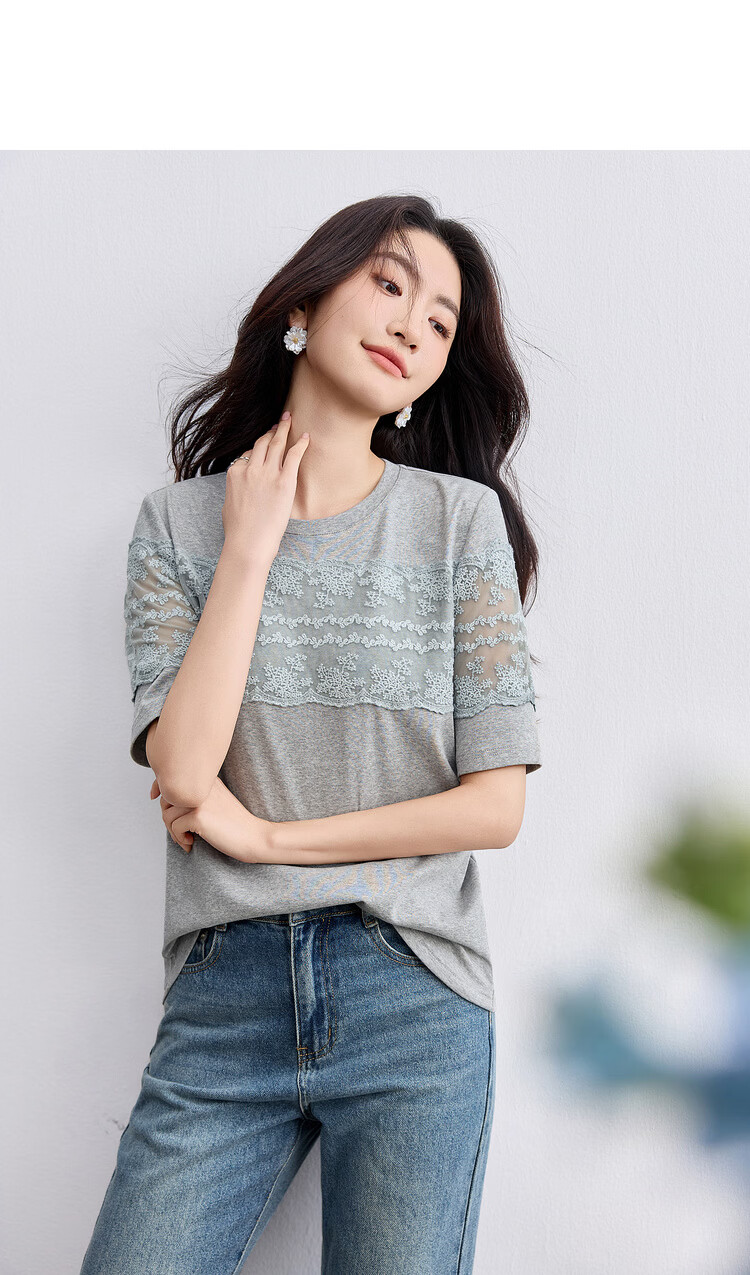 Shangdu Bila Cotton Spliced Lace Trim Round Neck Short Sleeve T-Shirt Women Summer Slim Straight Top Elegant Temperament Women's Wear 3