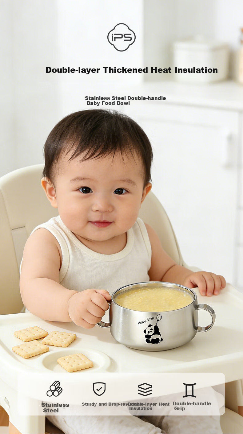 Baoshi 316 Stainless Steel Bowl Children's Eating Bowl Baby Double-Handle Supplementary Food Bowl 500ml with Lid and Suction Pad 1