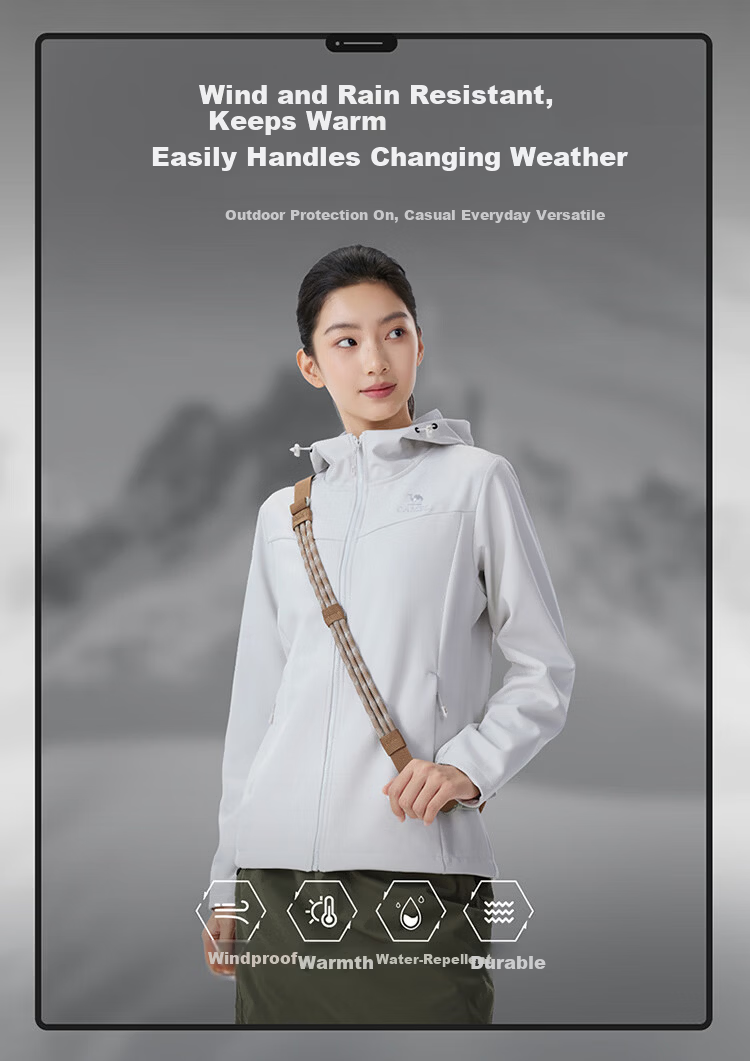 CAMEL Women's Outdoor Softshell Jacket Spring 2026 Fleece Lined Hooded Water-Repellent Tear-Resistant Anti-Static Hiking Mountaineering Coat 9012 2
