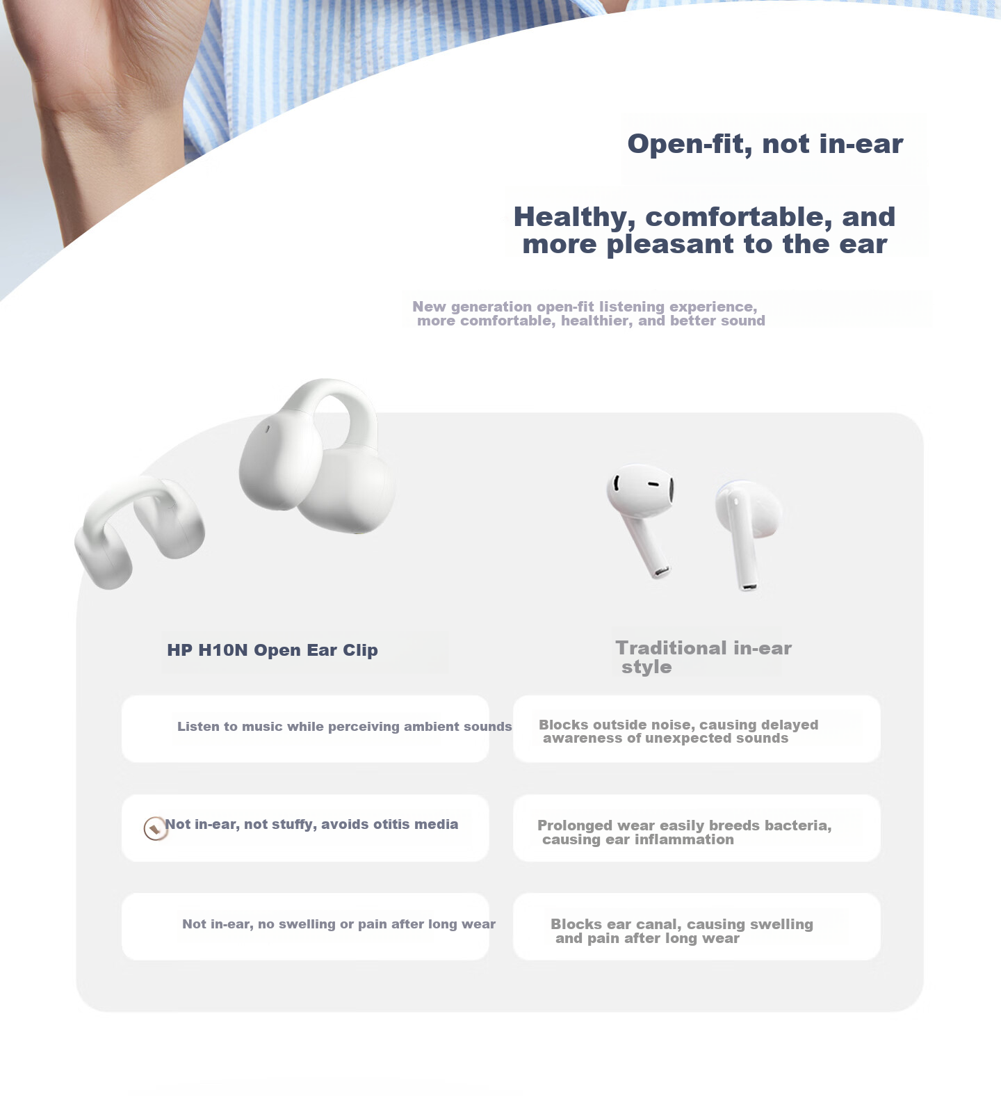 HP [2026 Latest Model | Berlin Sound] Bluetooth Clip-On Sports Wireless Call Noise-Cancelling Bone Conduction Headphones for Running with Long Battery Life and Comfortable Non-In-Ear Design 3