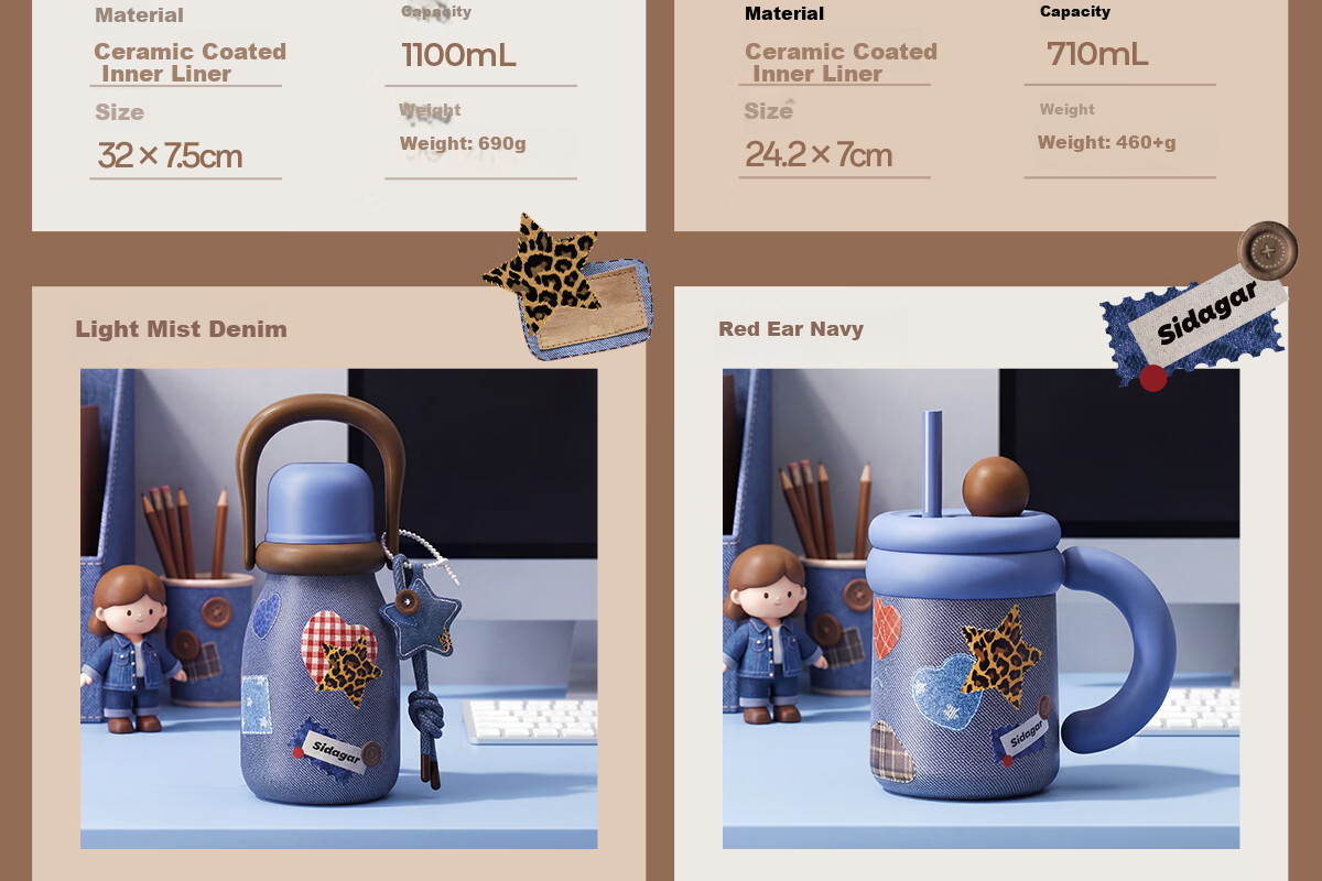 Shida Home Insulated Water Bottle for Women Denim Series Straw Cup Portable High-Value Large Capacity Stainless Steel Car Mug 27