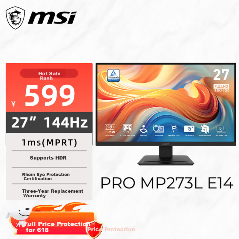 MSI 27-inch FHD 144Hz Monitor HDR Ready TÜV Rheinland Eye Care Certified IPS Panel Home Gaming Office Eye Protection Display PRO MP273L E14