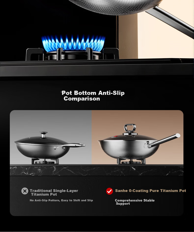 Sanhe 0-Coating Ultra-Fire Pure Titanium Frying Pan 28cm with Lid Non-Slip Base for 2-3 People Offline Model GC28F3 + Cling Film 21