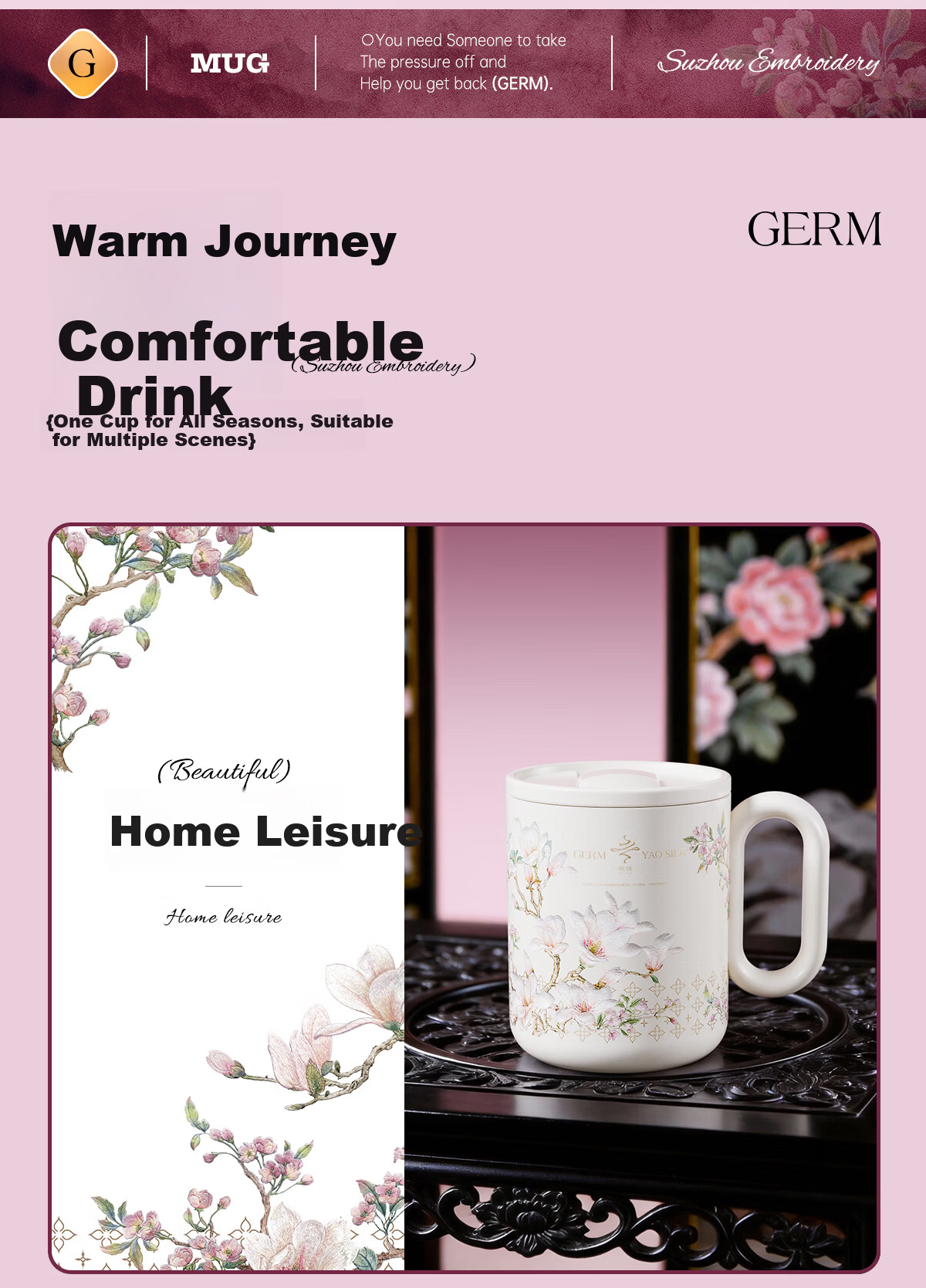 Germ Intangible Cultural Heritage Su Embroidery Mark Insulated Mug High-Value Office Water Cup Tea Cup Women's Gift Cup 450ML Magnolia 10