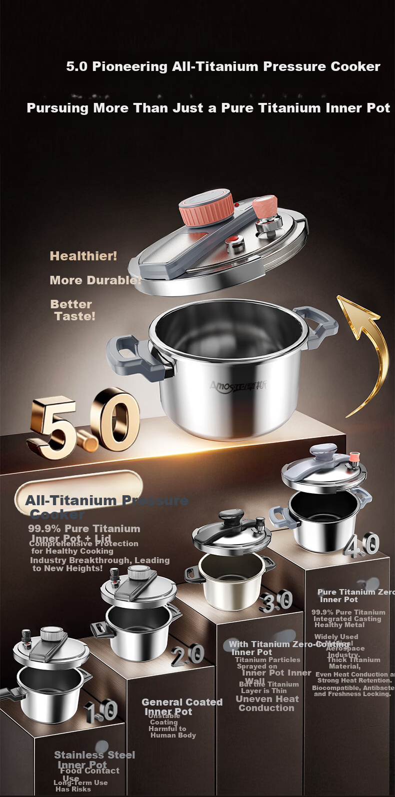 Amos Pure Titanium Pressure Cooker 4.5L Multi-Functional Single-Handed Lid Gas Stove Compatible DS20 7