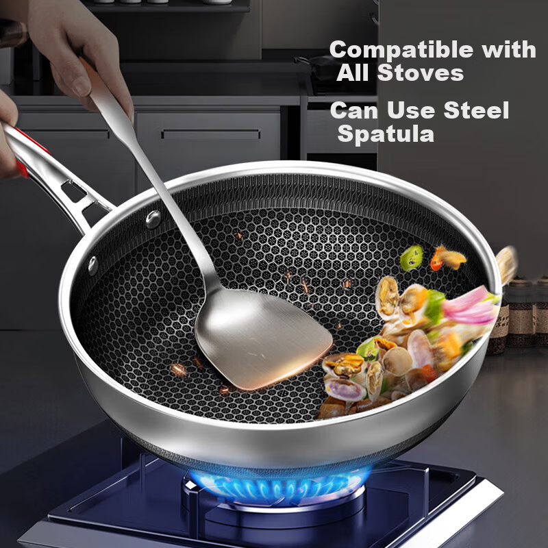Kambach 316L Stainless Steel Honeycomb Dual-Use Frying Pan Flat Bottom Wok Deep Frying Pan for Induction and Gas Stoves
