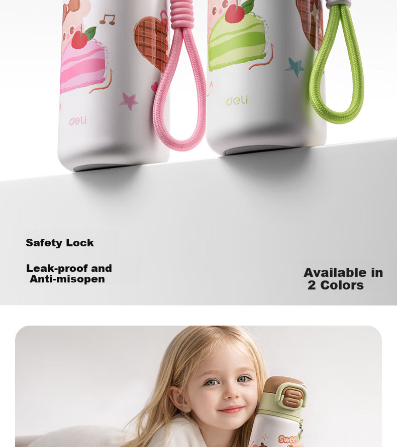 Deli Kids Student Insulated Bottle Strawberry Cake Cute Primary School Multifunctional Dual Drinking Spout Long-lasting Insulated Straw Cup 2