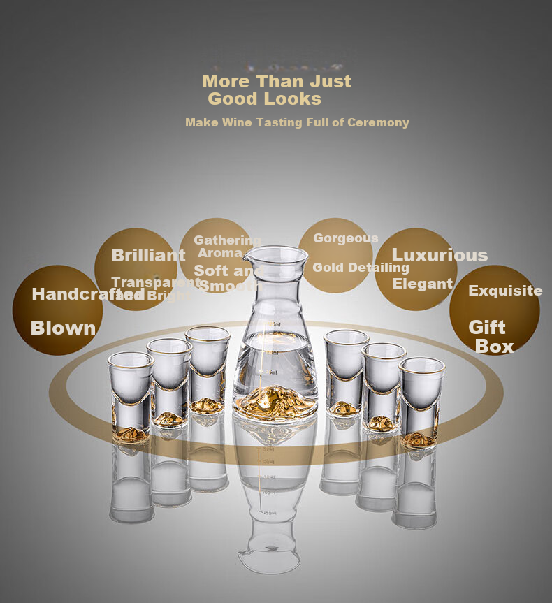 CLITON Gold Foil Premium Crystal Baijiu Glass Decanter Set with One-Bite High Stem Moutai Small Liquor Glasses Gift Box 2