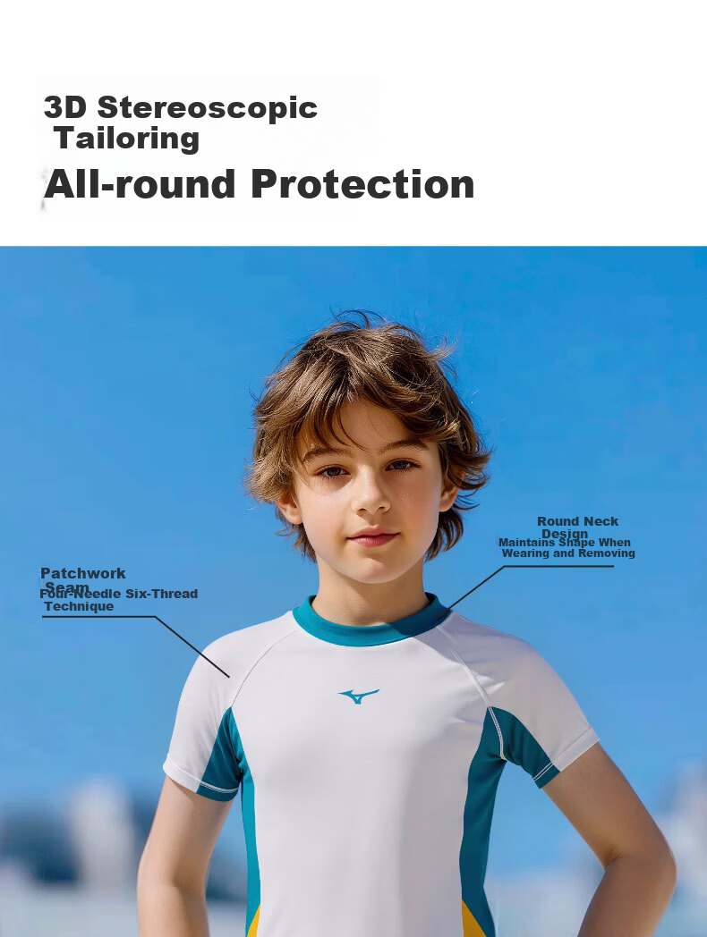 MIZUNO Kids Boys Two-Piece Swimwear Short Sleeve Quick-Dry Sun Protection Surfing Hot Spring Swimsuit GB431 Off-White Blue 120 14