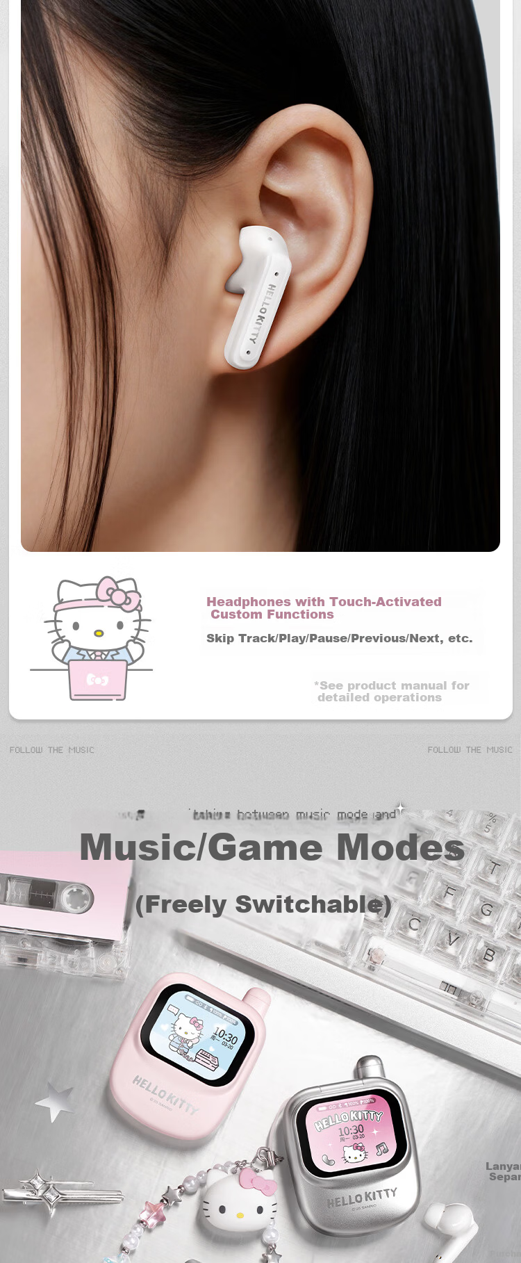 MARtube Hello Kitty Touchscreen Bluetooth In-Ear Earphones Cute High-Value Sanrio Kitty 2026 Latest Gift for Girls Birthday Graduation Children's Day 6