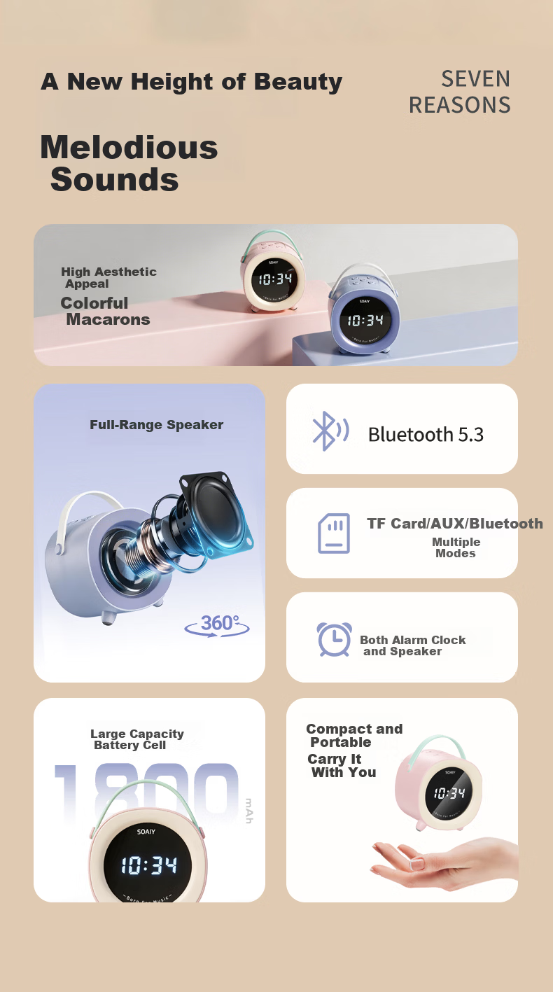 Soaiy SK60 Alarm Clock Speaker, Wireless Bluetooth Speaker, Refreshed Subsidy, Student Wake-Up Device, 2026 New Small Speaker, Desktop Subwoofer, Mini Bedroom Birthday Gift for Girls 1