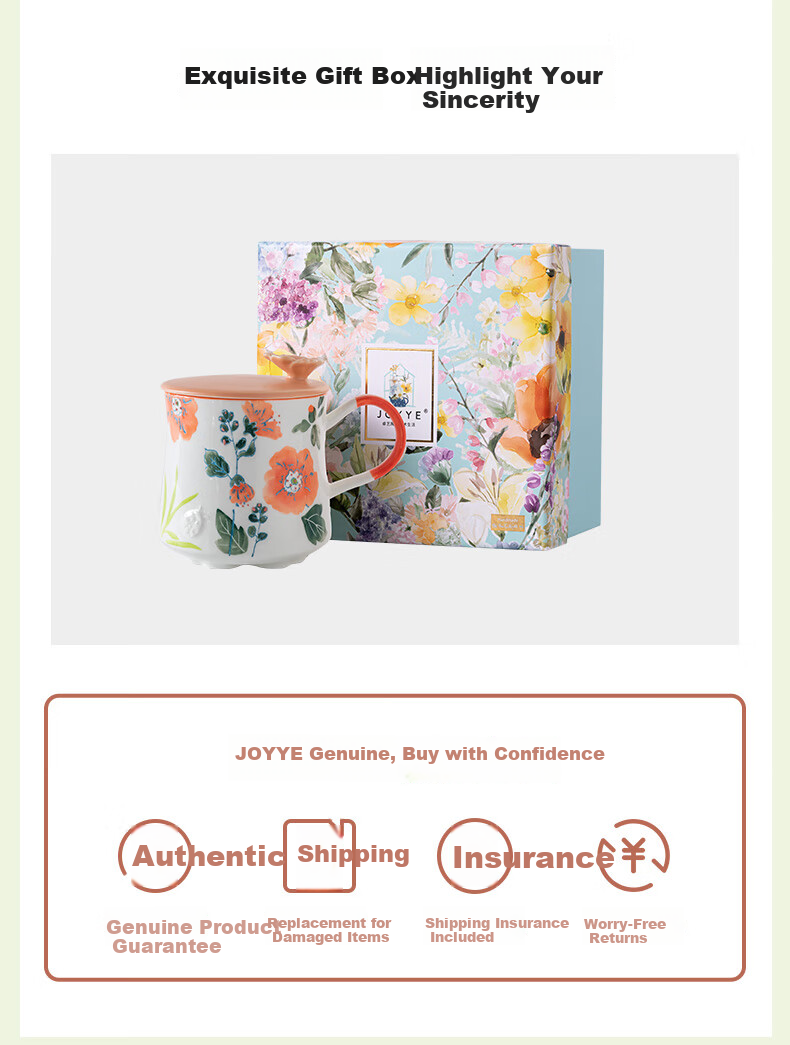 JOYYE Ceramic Mug Hand-Painted Embossed Underglaze Color Dream Flower Cup Birthday Gift Holiday Souvenir 10