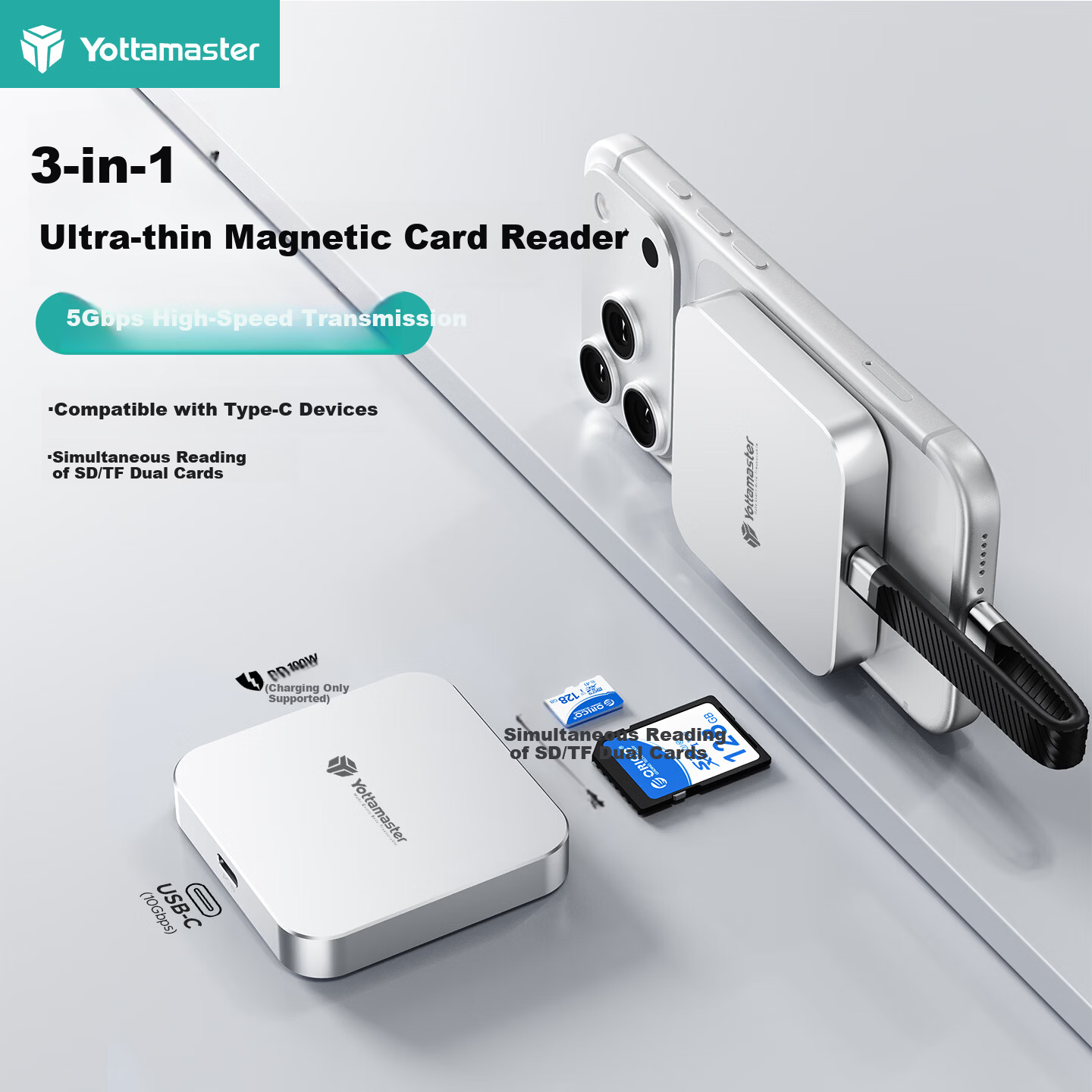 Yottamaster SD/TF 3.0 Magnetic Card Reader Type-C Interface High-Speed Mobile Memory Transfer Compatible with Pocket3/Action Camera/Memory Card Reader for DJI