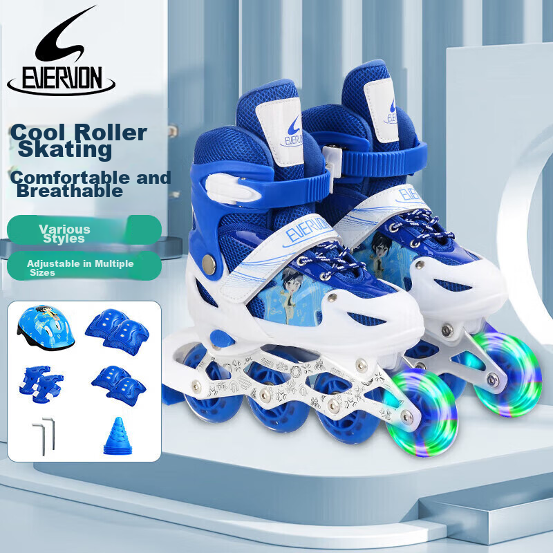 EVERVON Roller Skates for Kids, Inline Skates for Boys And Girls Beginners, Blue Color 337 with Helmet, Size S Fits 31-34 Inches