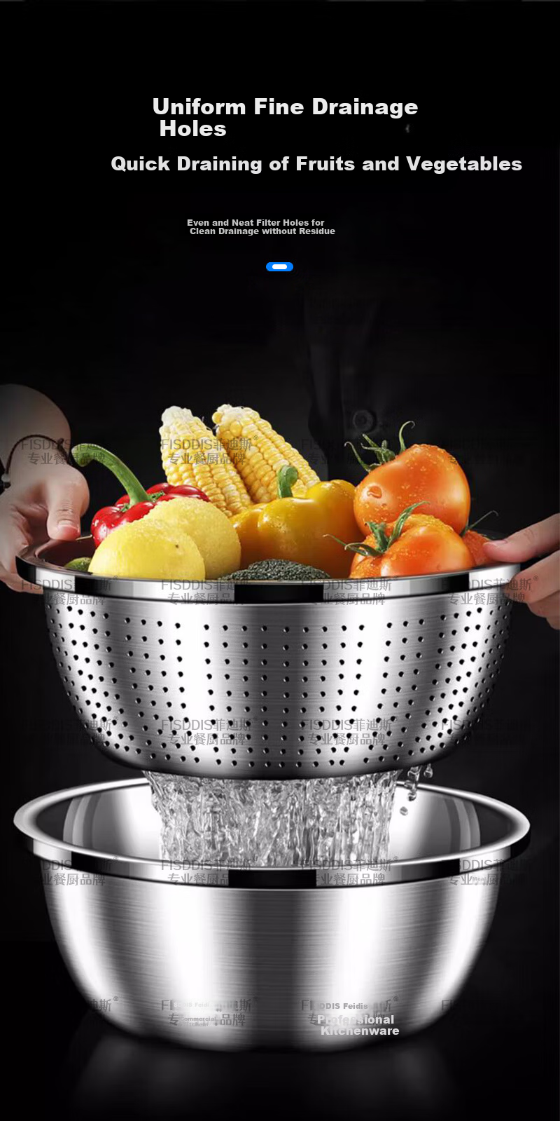 FISDDIS 304 Stainless Steel Bowl and Sieve 2-Piece Set Thick Soup Bowl Rice Washing Strainer Draining Basket 30cm Cooking Bowl LLPTZ-30 10