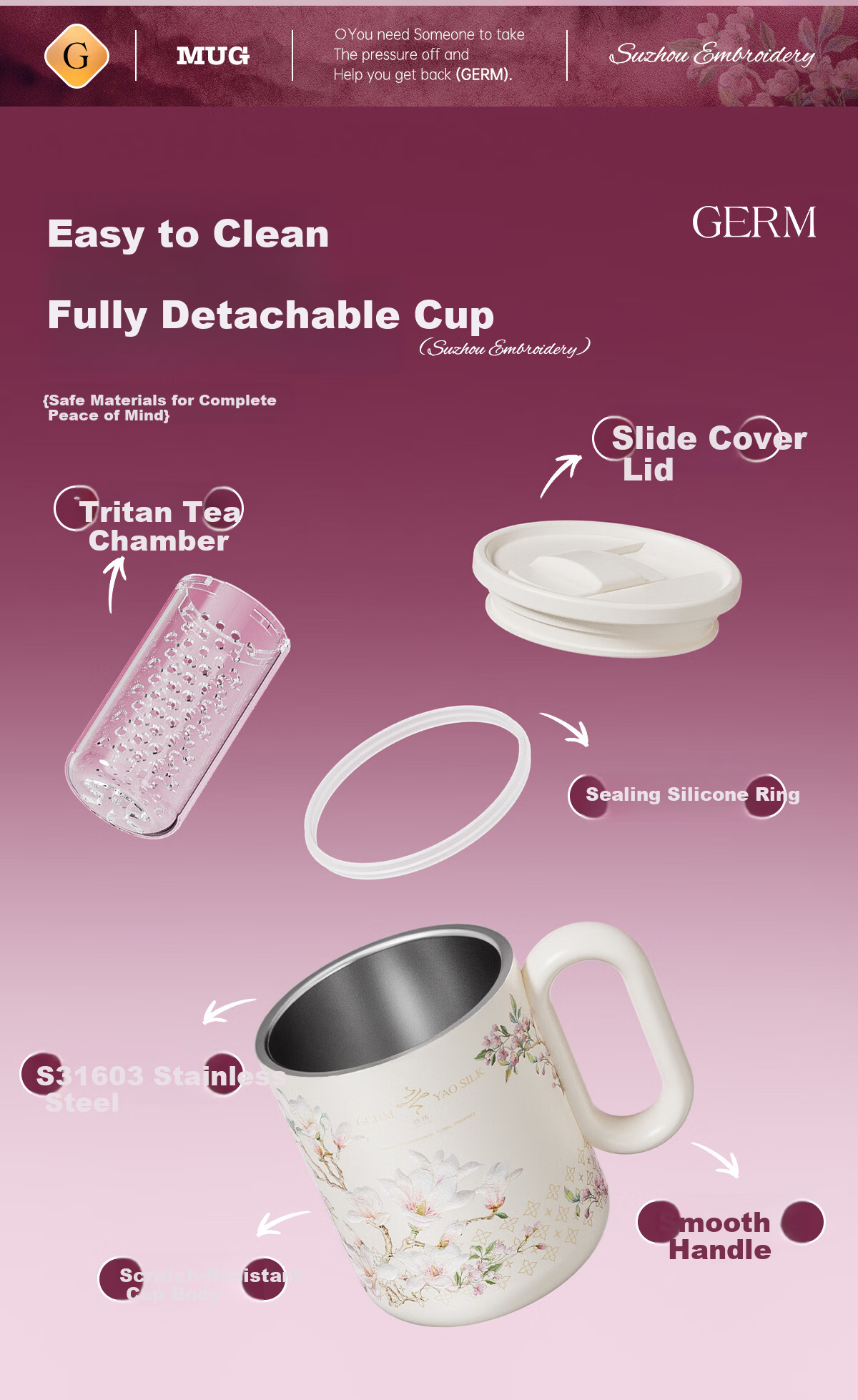 Germ Intangible Cultural Heritage Su Embroidery Mark Insulated Mug High-Value Office Water Cup Tea Cup Women's Gift Cup 450ML Magnolia 9