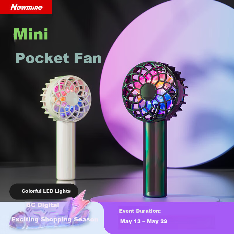 Newmine Handheld Mini Fan Portable Small Fan 13-Hour Long Battery Life Silent Small Electric Fan Colorful Light Desktop Cooling Fan Shiny Black Gold