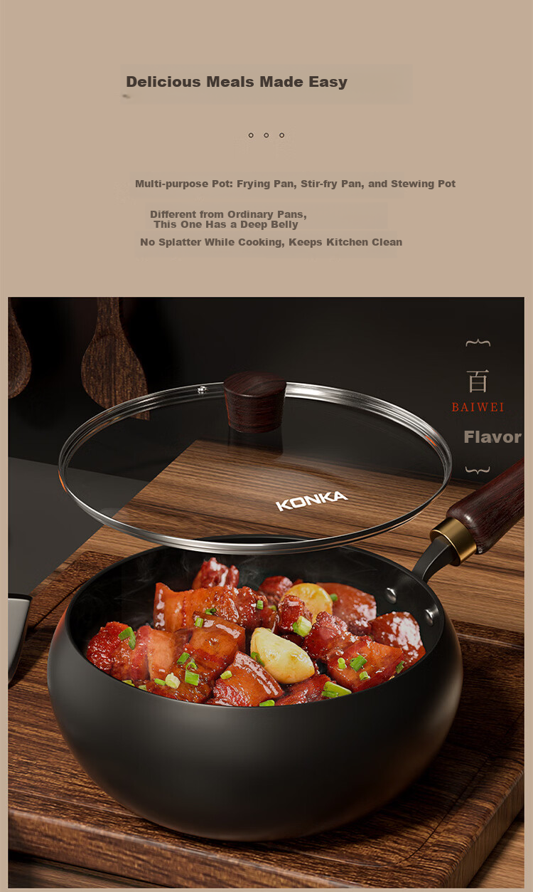 KONKA Authentic Large Belly Iron Wok Hand-Forged Stir-Fry Pan Household Iron Pan No Coating 28cm 7