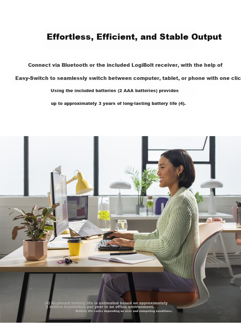 Logitech Wave Keys Ergonomic Wireless Bluetooth Keyboard with Soft Palm Rest, 3-Device Connectivity, Sand Color, 99 Keys 9