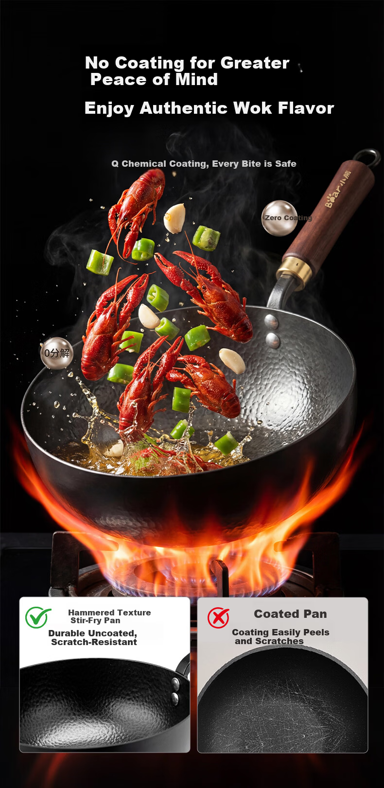 Bear Iron Wok Thickened Hammered Texture Healthy Non-Coated True Stainless Steel 30cm with Solid Wood Lid 1