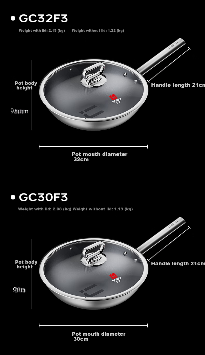 Sanhe 0-Coating Ultra-Fire Pure Titanium Frying Pan 28cm with Lid Non-Slip Base for 2-3 People Offline Model GC28F3 + Cling Film 25