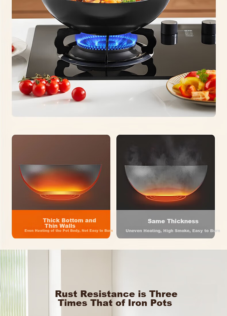 Carote 32cm Titanium-Free Coating Iron Wok Non-Stick Stir Fry Pan for Home Use Compatible with Gas and Induction Cooktops 12