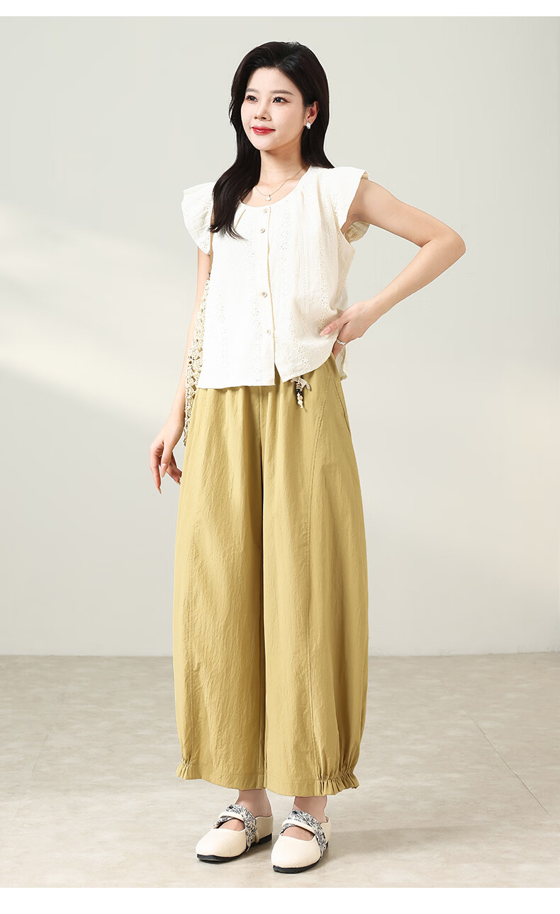 Xueqiman New Style Flower Bud Wide-Leg Pants Women Summer Thin Slim Ruffle Hem Small Size Nine-Point Casual Harem Pants 13
