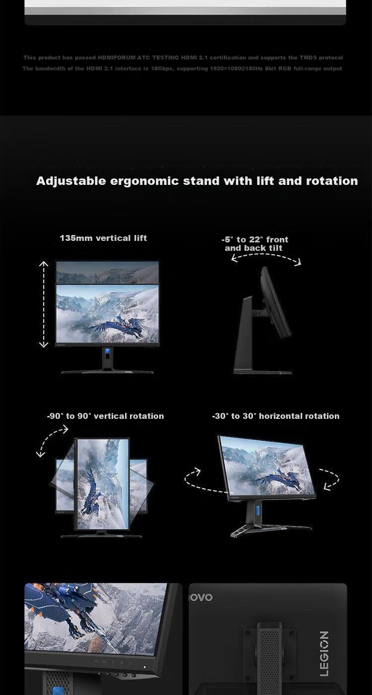 Lenovo 23.8-Inch 180Hz High Refresh Rate Gaming Monitor IPS Panel 1ms GTG Dual Interface Height Adjustable Rotatable Low Blue Light 99% SRGB Computer Display R24e 9