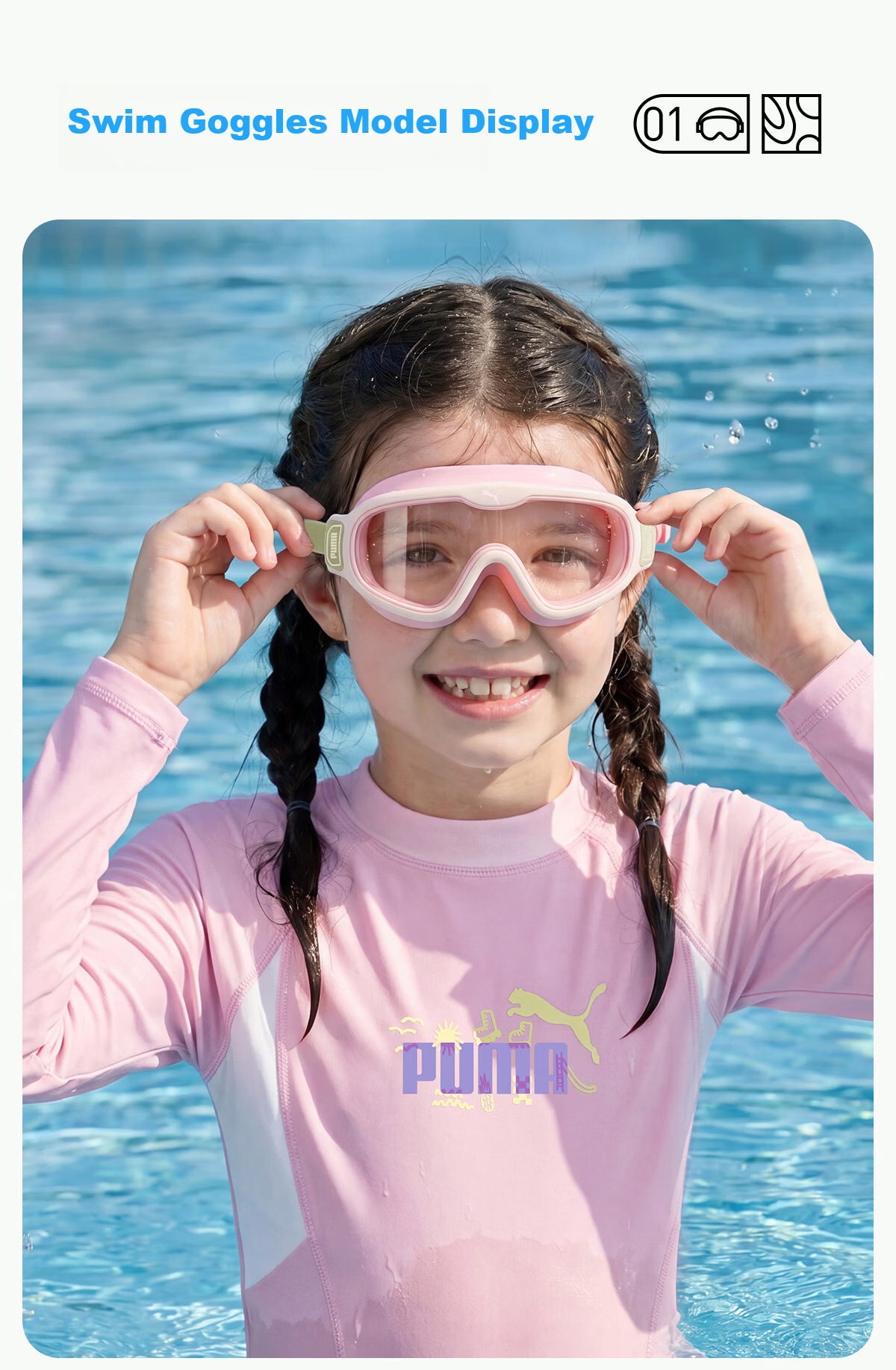 PUMA Kids Swimming Goggles Large Frame HD Lenses Long-Lasting Anti-Fog UV Protection Adjustable Strap Unisex 23